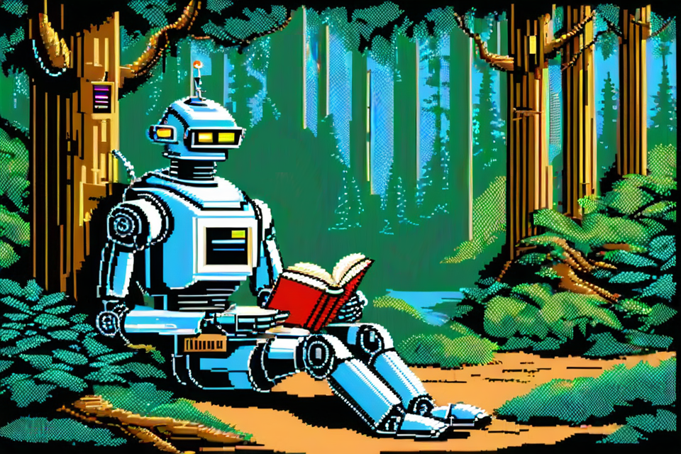 a humanoid robot reading a book intently in a forest, sitting against a tree