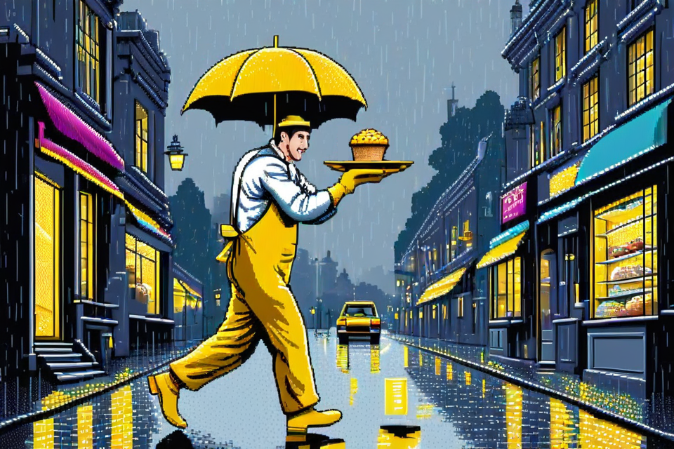 the baker, wearing bright yellow rubber gloves, is carrying the muffin through town in the rain, heading toward the Colonel's house